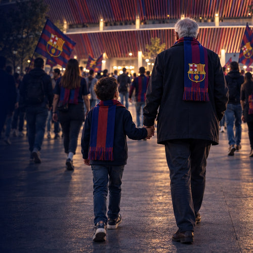 Un avi i el seu nét amb bufandes del Barça camí de l'Spotify Camp Nou